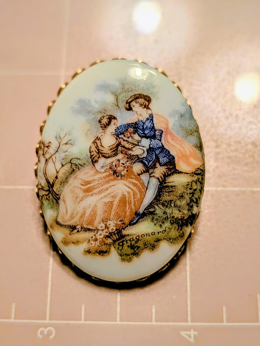 Vintage Porcelain Romantic Courtship Oval Brooch